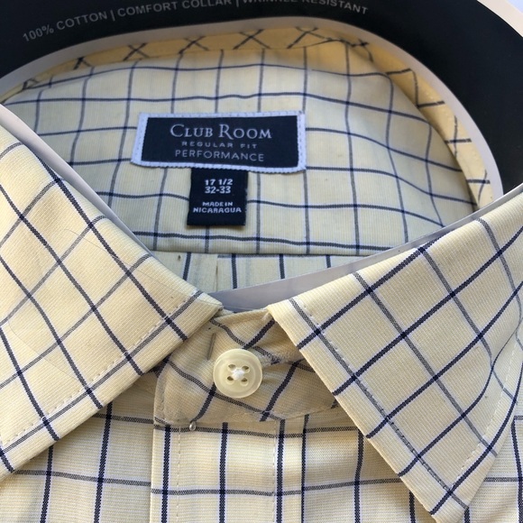 Club Room Men’s Performance Dress Shirt, Grid Pattern Yellow/Navy, 17 1/2- 32/33 - Picture 2 of 3
